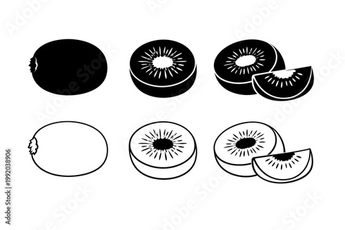 Vector Set of Kiwi Fruit Silhouettes and Outlines: Black and White Minimalist Icons of Whole, Half, and Sliced Tropical Exotic Fruits for Food Branding, Healthy Lifestyle, and Graphic Design.