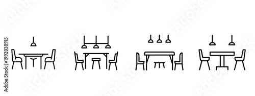 Dining table chairs line icons set restaurant furniture set home interior desk cafe seating arrangement wooden kitchen table & more vector illustration with editable stroke.
