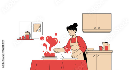 Woman Cooking with Love, Heart Shapes Floating in Kitchen