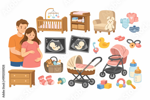 Pregnant Couple with Baby Nursery Furniture and Ultrasound Scans Hand Drawn Flat Icons Set. Includes Crib, Stroller, Pram, Baby Clothes, Toys, Bottles, and Changing Table for Newborn Care Elements.