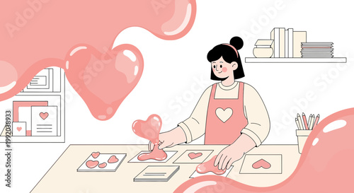 Woman crafting heart shapes with pink liquid, creative DIY, love and romance concept