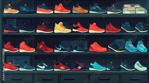 Pixelated artwork showcases a collection of sneakers organized on shelves in a dimly lit space
