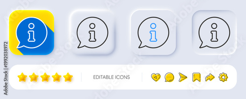 Information line icon. Neumorphic, Flat shadow, 3d buttons. Info speech bubble sign. Help inform symbol. Line info icon. Social media icons. Vector