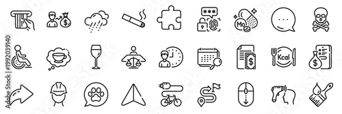 Scroll down, Working hours and Salary line icons pack. Share, Message, Paper plane icons. Journey, Electronic thermometer, Smoking web icon. Puzzle, Payment, Electric bike pictogram. Vector