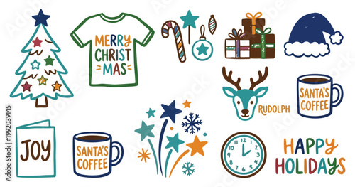 Hand Drawn Christmas Doodle Element Set with Festive Icons, Reindeer, and Holiday Typography