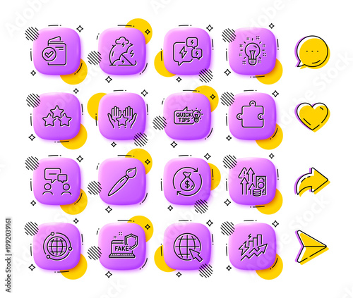 Education idea, Fake internet and Verification document line icons. App 3d buttons. Social media comment, share, like icons. Pack of Brush, Ranking stars, Stress icon. Vector