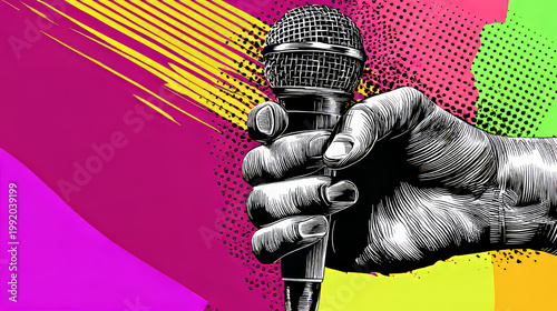 Trendy Halftone Collage Podcast broadcast. Hand holding studio microphone. Talk show and interview. Online radio news. Soundcheck concept. Streaming service. Contemporary vector illustration art