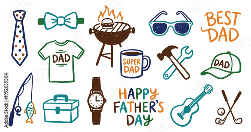 Father's Day Doodle Element Set with BBQ Grill, Fishing, Golf, Tools, and Best Dad Typography