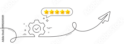 Execute line icon. Continuous line with share plane. Approved service sign. Maintenance symbol. Five star rate review in speech bubble. Execute single line ribbon. Loop curve pattern. Vector