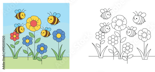 Cute Honey Bees and Flowers Coloring Page for Kids - Kawaii Spring Garden Vector Illustration Set with Colored and Line Art Versions for Educational Activity and Creative Fun.