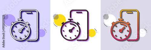Timer app line icon. Halftone dotted pattern. Gradient icon with grain shadow. Stopwatch time sign. Phone countdown clock symbol. Line timer app icon. Various designs. Vector
