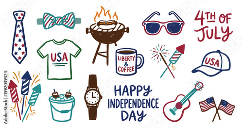 4th of July Independence Day Doodle Set with BBQ, Fireworks, USA Flags, and Patriotic Icons