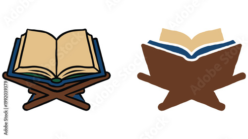 Islamic holy book quran resting on traditional wooden carved rehal stand vector.