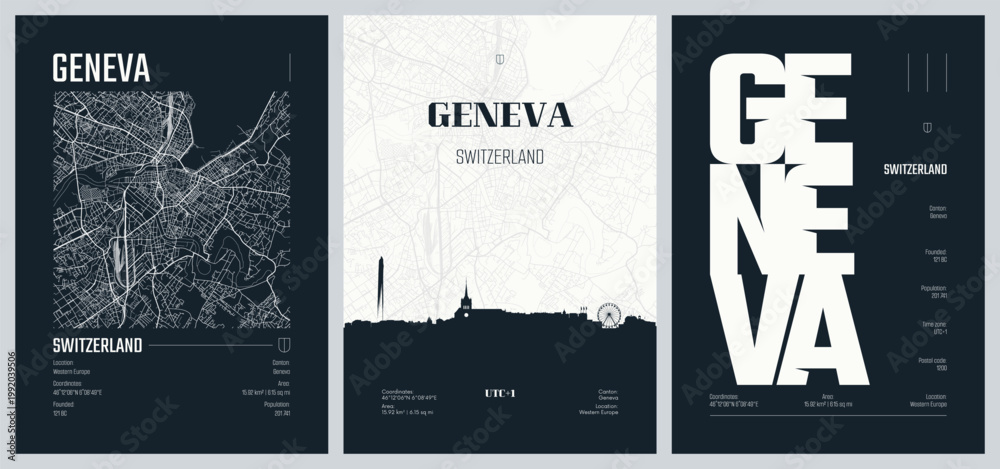 Obraz premium Set of travel posters with Geneva, detailed urban street plan city map, Silhouette city skyline, vector artwork, set 2