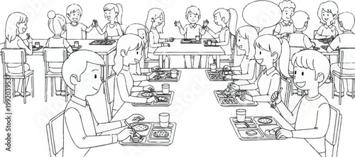 Children eating at school cafeteria tables.
