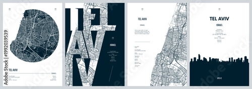 Set of travel posters with Tel Aviv city in the Gush Dan metropolitan area of Israel, detailed urban street plan city map, Silhouette city skyline, vector artwork