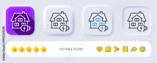 Home charging line icon. Neumorphic, Flat shadow, 3d buttons. House car charger sign. Electric power symbol. Line home charging icon. Social media icons. Vector