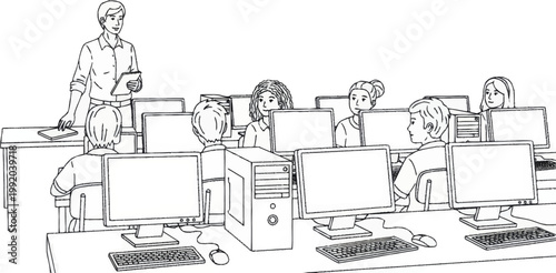 People working on computer desktops.