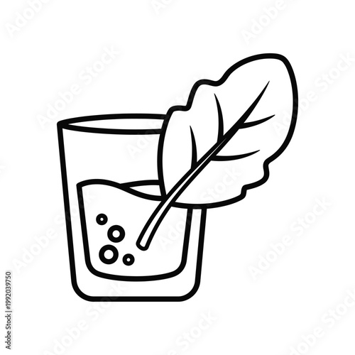 Glass of refreshing water with a large green leaf inside linear vector icon for hydration and natural wellness concept