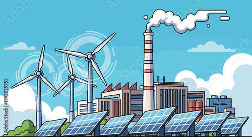 renewable energy industrial park with wind turbines and solar panels