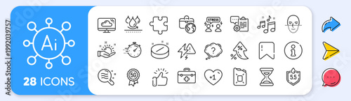 Puzzle, Question mark and Global business line icons. Interest rate, AI generate, Inflation icons. Pack of Time, First aid, Info icon. Music, Sunny weather, Medical tablet pictogram. Vector