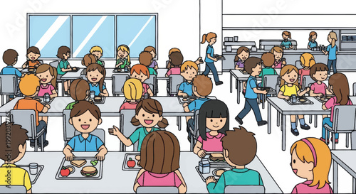 Children eating in a cafeteria setting.