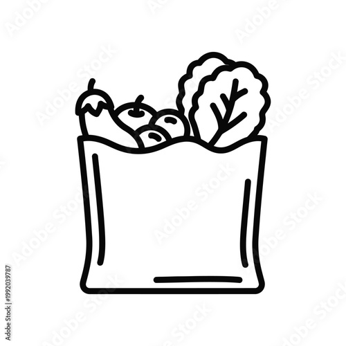 Grocery paper bag stuffed with fresh organic vegetables and eggplant linear vector icon for sustainable shopping and healthy eating themes