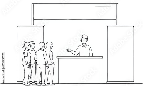 People standing at reception desk.