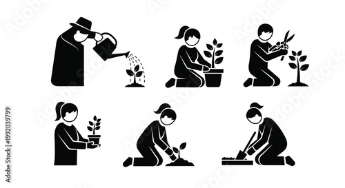 Black silhouette illustrations of people gardening.