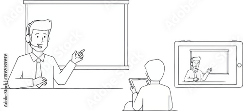 Man wearing headphones giving presentation online.