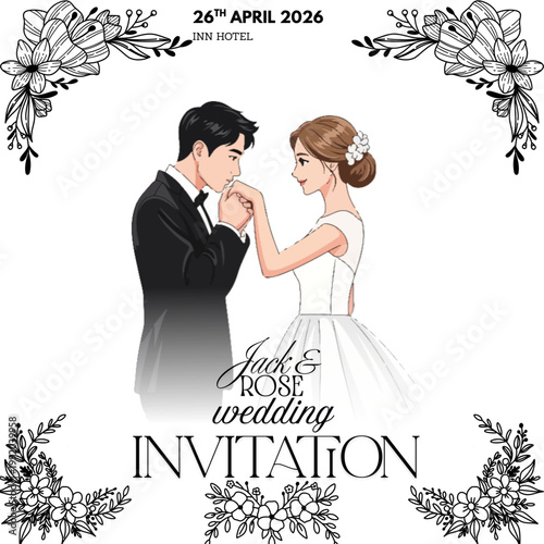 A beautiful wedding invitation card with a couple and floral design