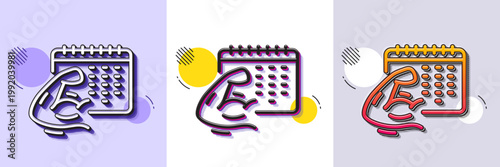 Fitness calendar line icon. Halftone dotted pattern. Gradient icon with grain shadow. Strong muscle arm sign. Gym fit training symbol. Line fitness calendar icon. Various designs. Vector