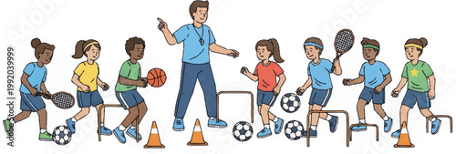 Children Playing Various Sports Outdoors.