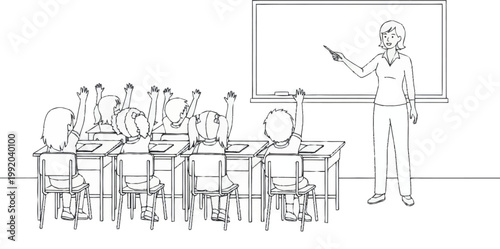 Teacher pointing at the whiteboard.