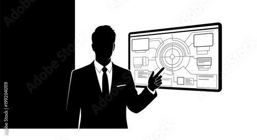 Businessman presenting on a whiteboard.