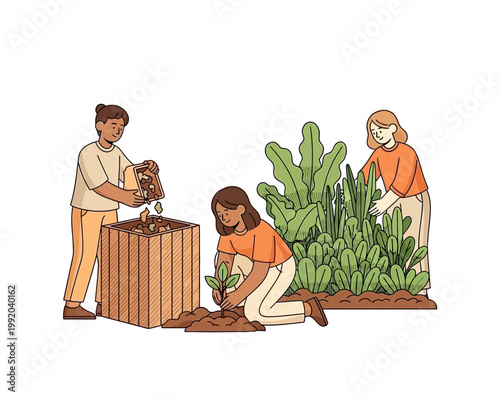 Diverse group of people working together in a garden, planting and composting.