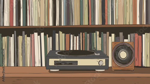 Illustration of a vinyl player and a speaker placed on a wooden shelf in front of books