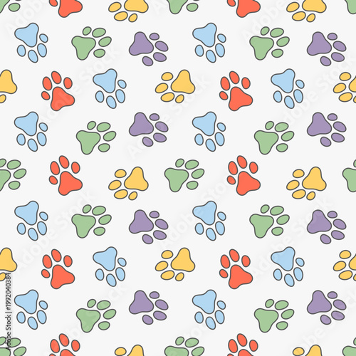 Colorful dog paw prints seamless pattern: puppy footprints background for pet supplies and children’s design