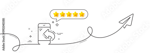 Call center service line icon. Continuous line with share plane. Incoming phone call sign. Feedback symbol. Five star rate review in speech bubble. Incoming call single line ribbon. Vector