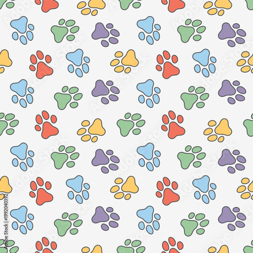 Colorful dog paw prints seamless pattern: puppy footprints background for pet supplies and children’s design