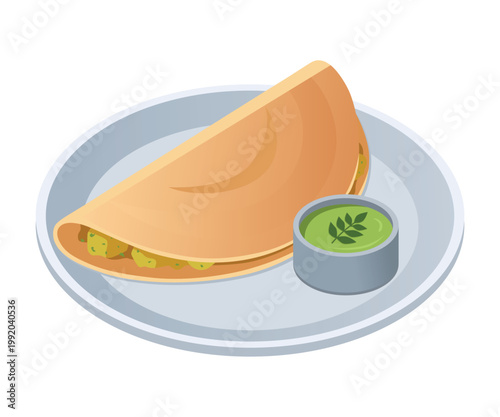 Masala Dosa with Chutney Semi Flat 3D Vector South Indian Cuisine