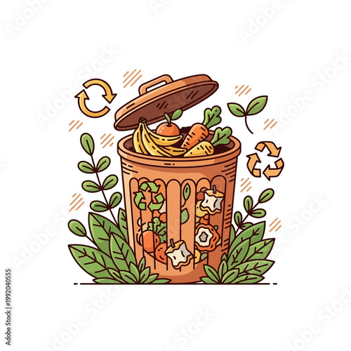 Compost bin filled with organic waste and fruits, surrounded by green leaves and recycling symbols.