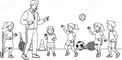 Children Playing Soccer With Coach.