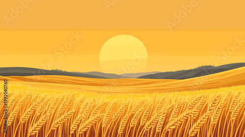 A stylized illustration depicting a sunset over a wheat field with rolling hills and distant trees