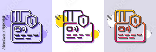 Credit card line icon. Halftone dotted pattern. Gradient icon with grain shadow. Bank money payment sign. Shield protection symbol. Line card icon. Various designs. Vector