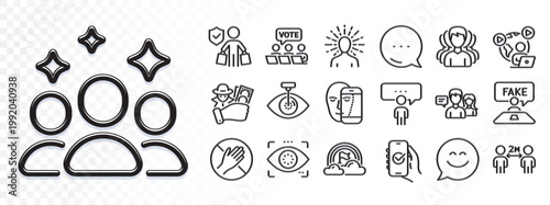 Fake review, Approved app and Face biometrics line icons for web app. Glare of light effect. Message icon. Pack of Smile chat, Online voting, Dont touch pictogram icons. Vector