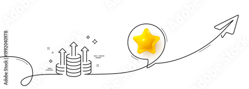 Budget line icon. Continuous line with share plane. Money gain sign. Cash coin profit symbol. 3d star in speech bubble. Budget single line ribbon. Loop curve pattern. Vector