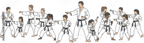 People in karate uniform poses.