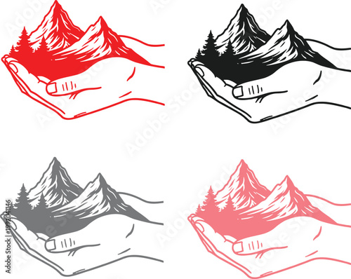 Four sketches of hands cradling mountains in different colored ink