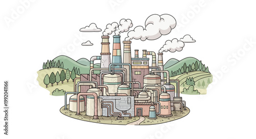 colorful cartoon illustration of solar panels and wind turbines generating renewable energy